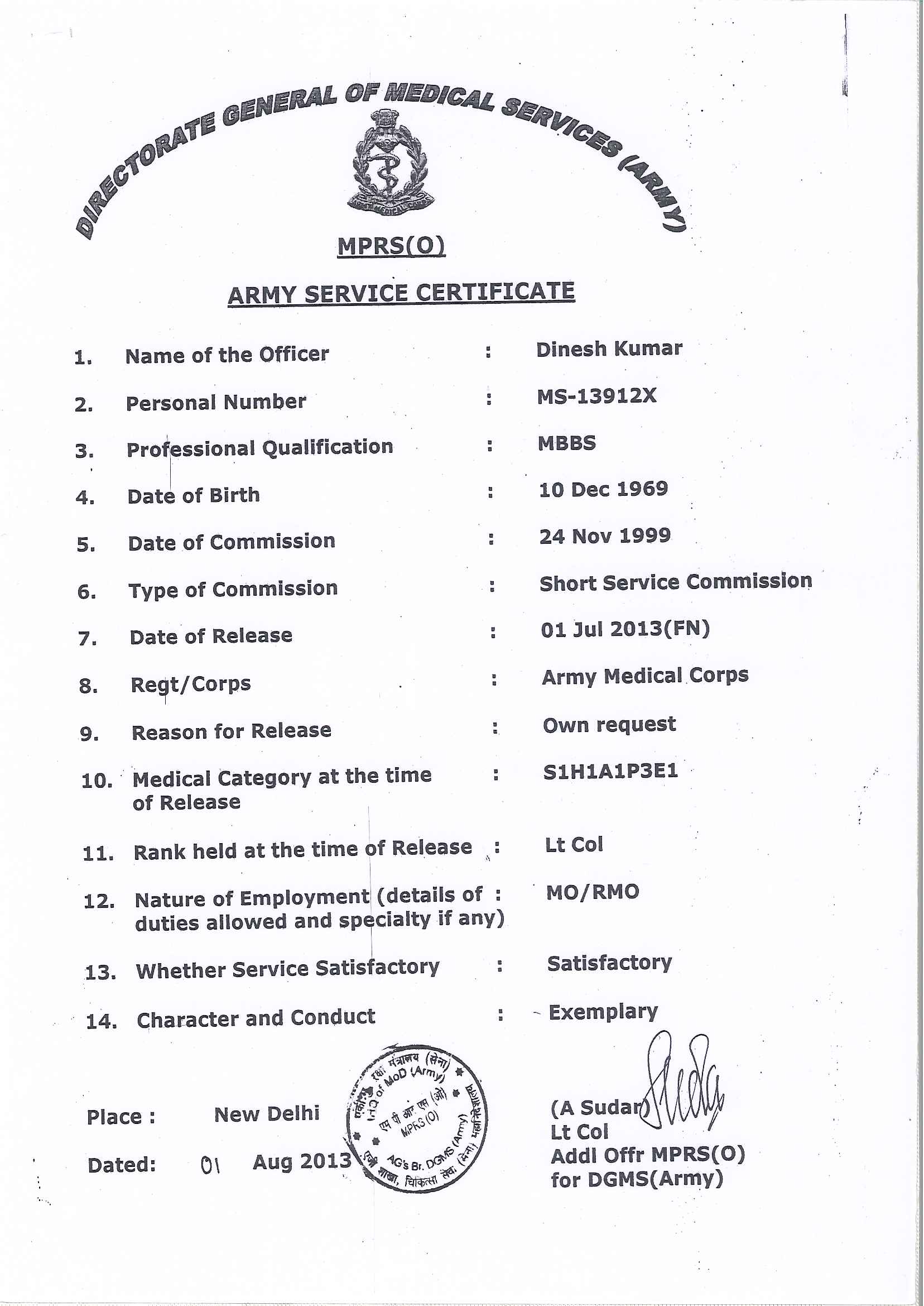 Army Service Cerificate